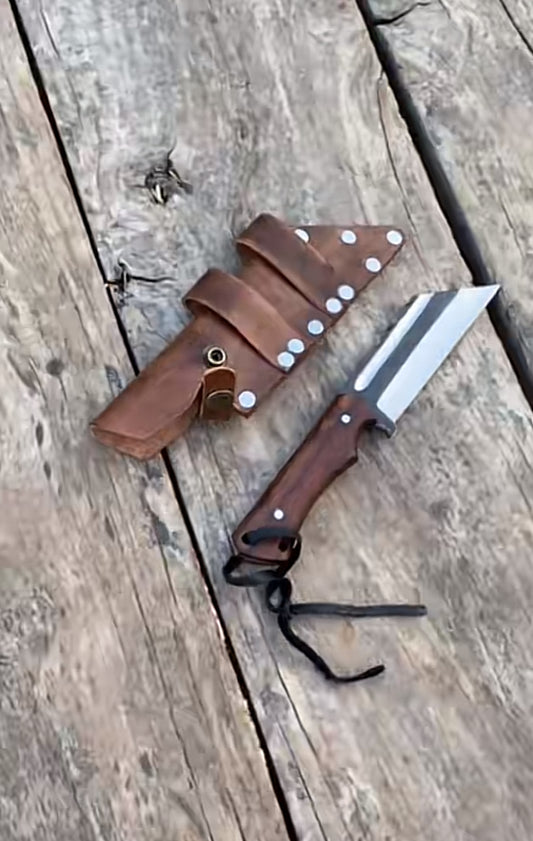 Premium Full Tang Fixed Blade Camping Knife with Wood Handle and Genuine Leather Sheath