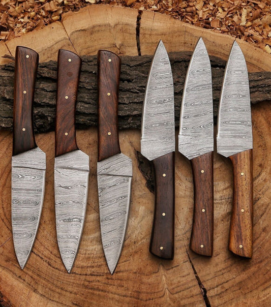 Set of 6 Handmade Damascus Steel Steak Knives with Wooden Handles