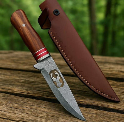 Handmade Damascus Steel Hunting Knife with Rosewood Handle