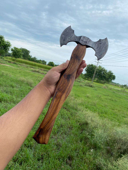 Hand-Forged Damascus Steel Double-Headed Axe with Walnut Handle