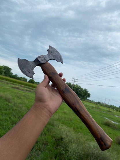 Hand-Forged Damascus Steel Double-Headed Axe with Walnut Handle
