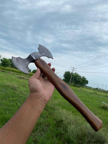 Hand-Forged Damascus Steel Double-Headed Axe with Walnut Handle