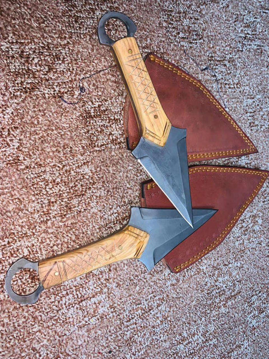 Handcrafted Twin Fixed-Blade Knives with Wooden Handle & Leather Sheath
