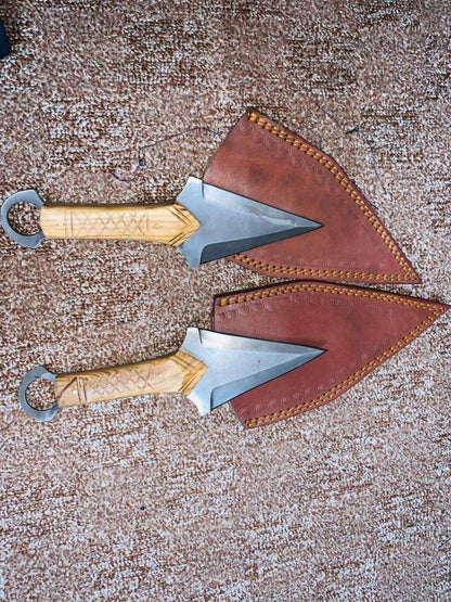 Handcrafted Twin Fixed-Blade Knives with Wooden Handle & Leather Sheath