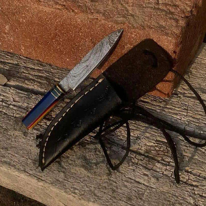 Mini Damascus Steel Pocket Knife with Color Resin Handle & Black Leather Sheath