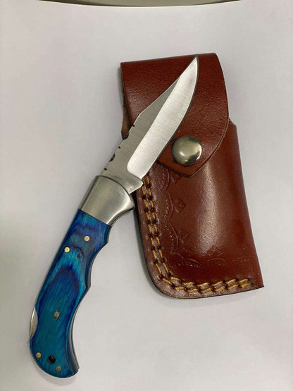 Folding Pocket Knife with Blue Resin Handle & Leather Pouch