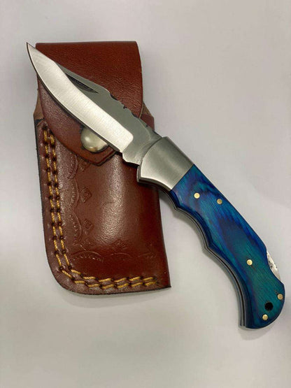 Folding Pocket Knife with Blue Resin Handle & Leather Pouch