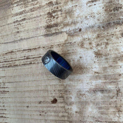 Handcrafted Damascus Steel Ring with a Blue Interior and Diamond Inlay