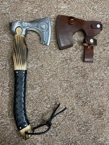 Handmade Viking-Style Axe with Etched 1095 Steel Head, Burnt Wood & Leather-Wrapped Handle