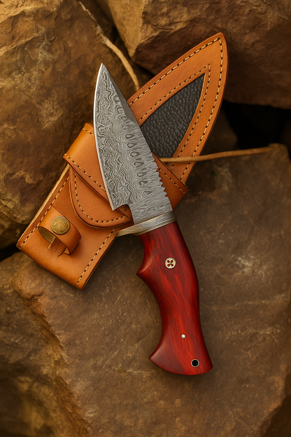 Handmade Hunting Knife – Damascus Steel Blade with Red/Blue Paka Wood Handle
