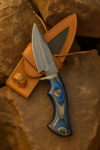 Handmade Hunting Knife – Damascus Steel Blade with Red/Blue Paka Wood Handle