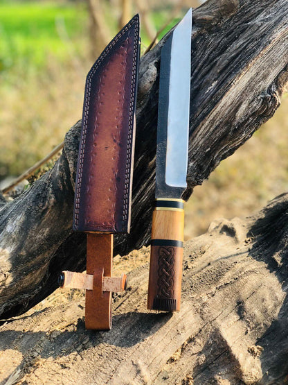 Handmade Seax Knife with Engraved Wooden Handle & Leather Sheath