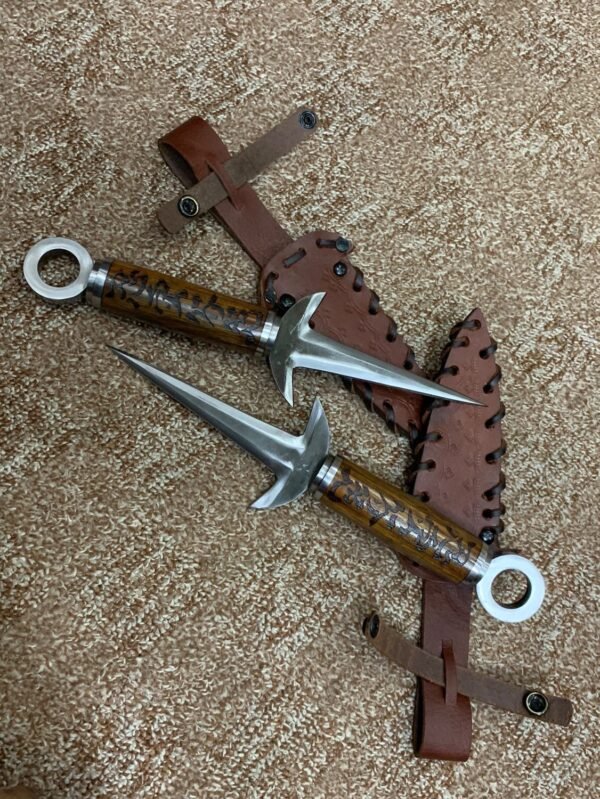 Dual Dagger Set with Engraved Wooden Handles and Leather Sheaths