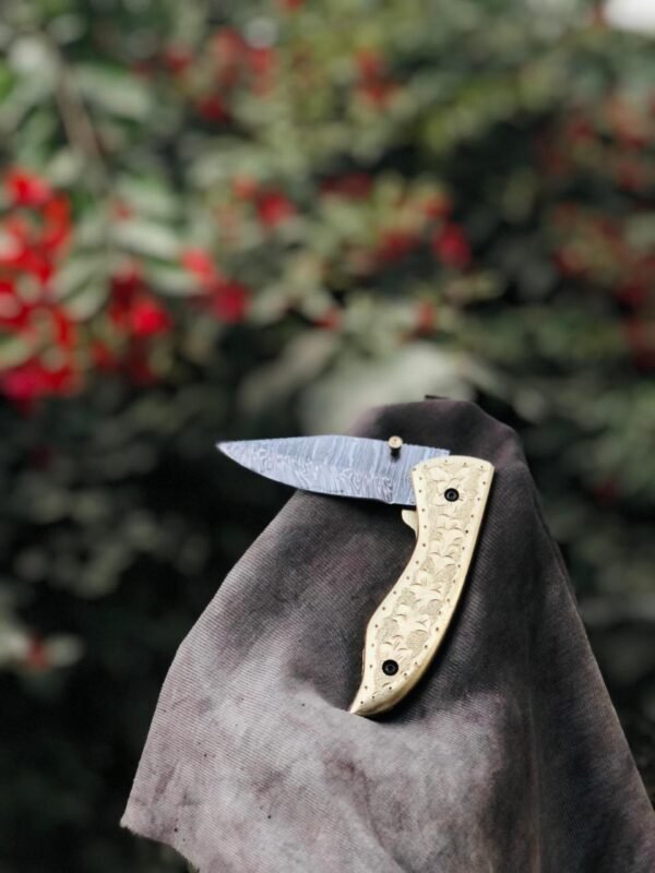 Golden Engraved Damascus Folding Knife