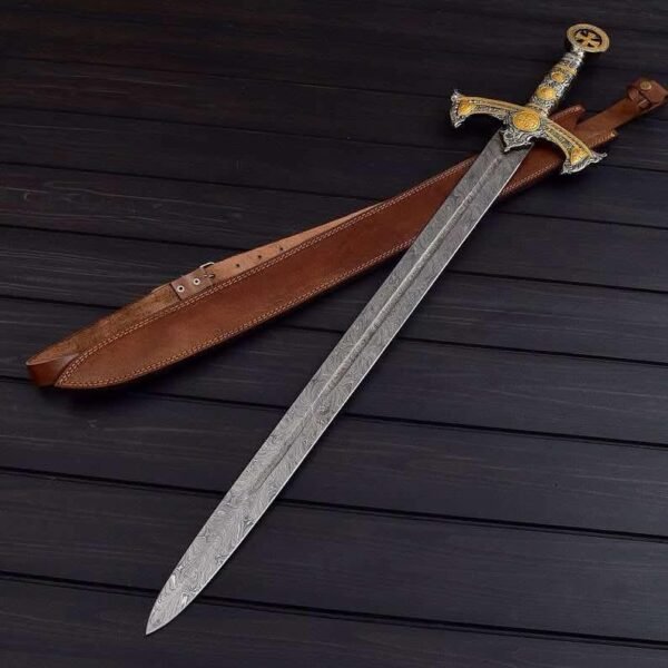 "Crusader’s Gold-Inlaid Longsword" – A stunning Damascus steel blade featuring golden details and a leather sheath, combining functionality with medieval elegance.