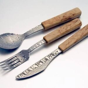 Damascus Steel Cutlery Set with Wooden Handles