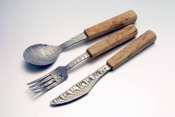 Damascus Steel Cutlery Set with Wooden Handles