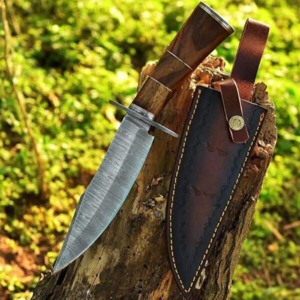 Handcrafted Damascus Steel Bowie Knife with Leather Sheath